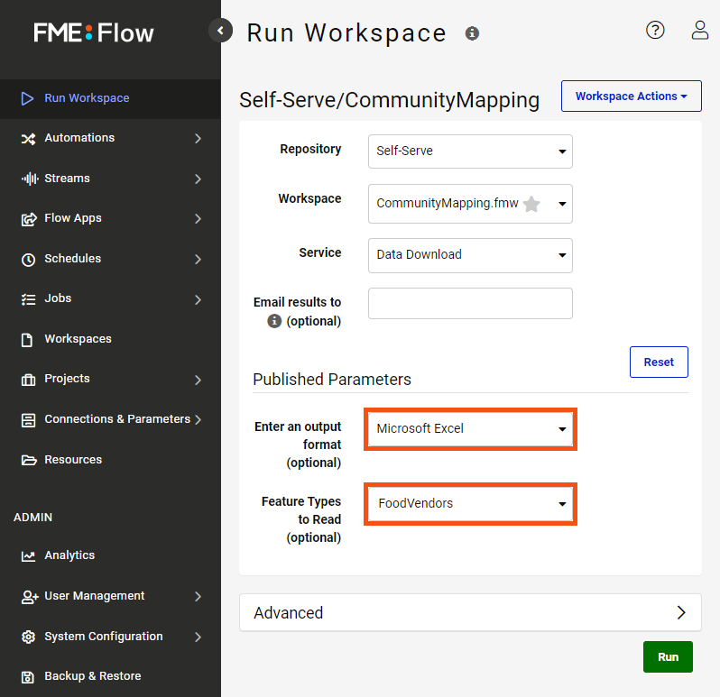 Setting published parameters